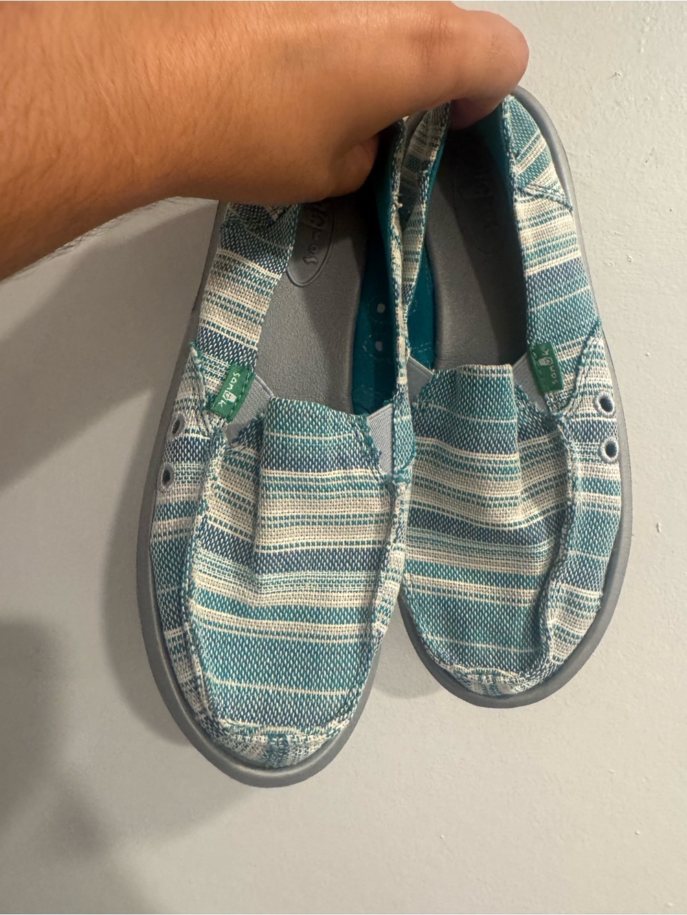 Sanuk Espadrille Slip-Ons Teal Cream Striped 6 | casual, crunchy, coastal